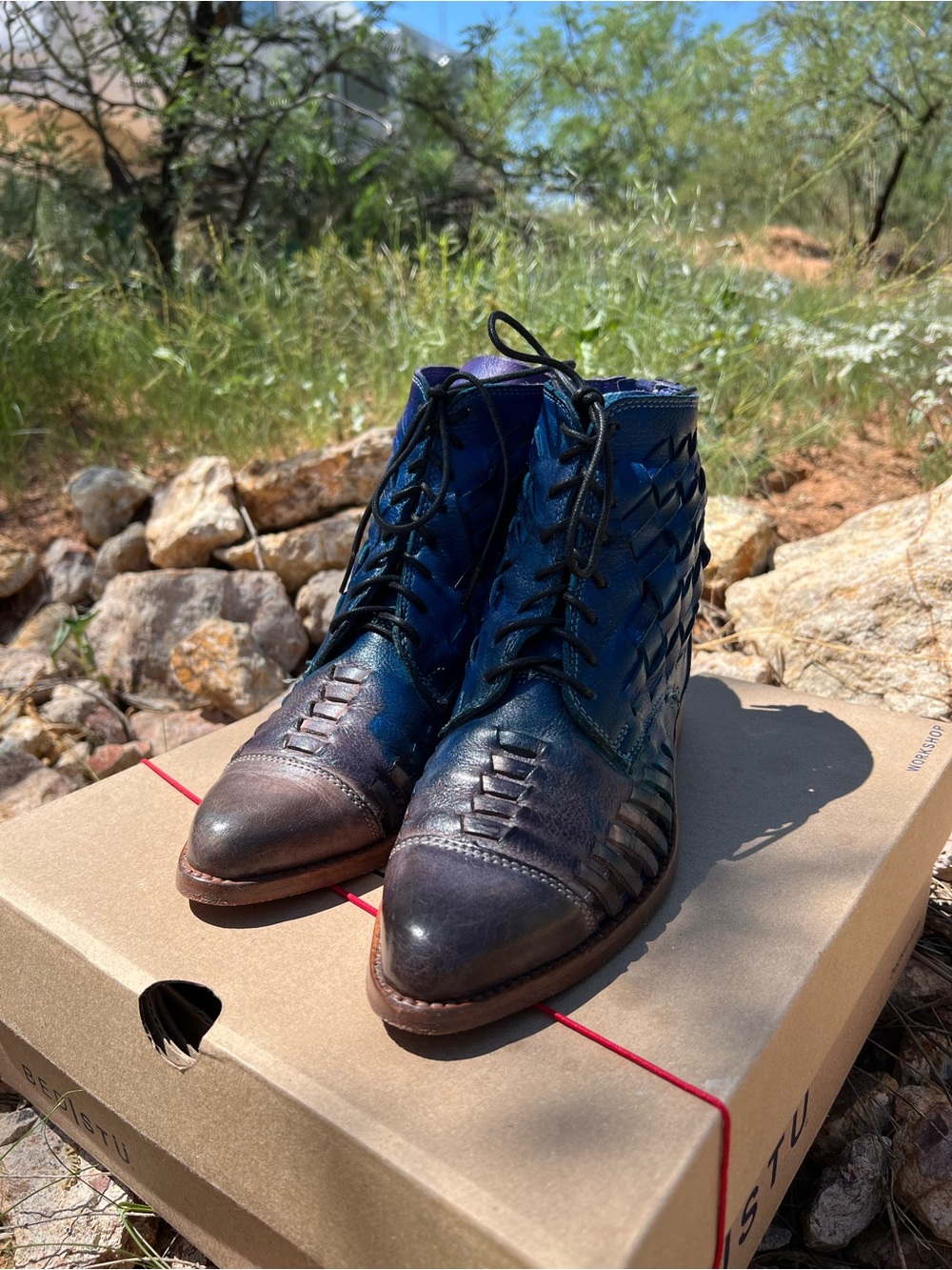 Bed|Stu Loretta Moody Blues TD 7.5 Blue Purple Tie Dye Woven Leather Boots - Picture 7 of 9